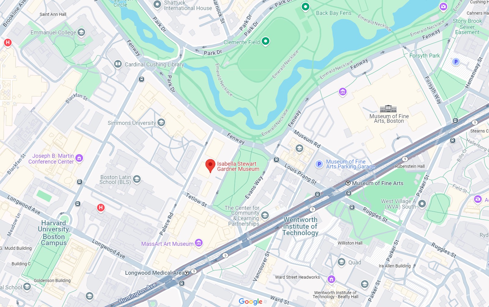 Google street map showing location of Isabella Steward Garner Museum
